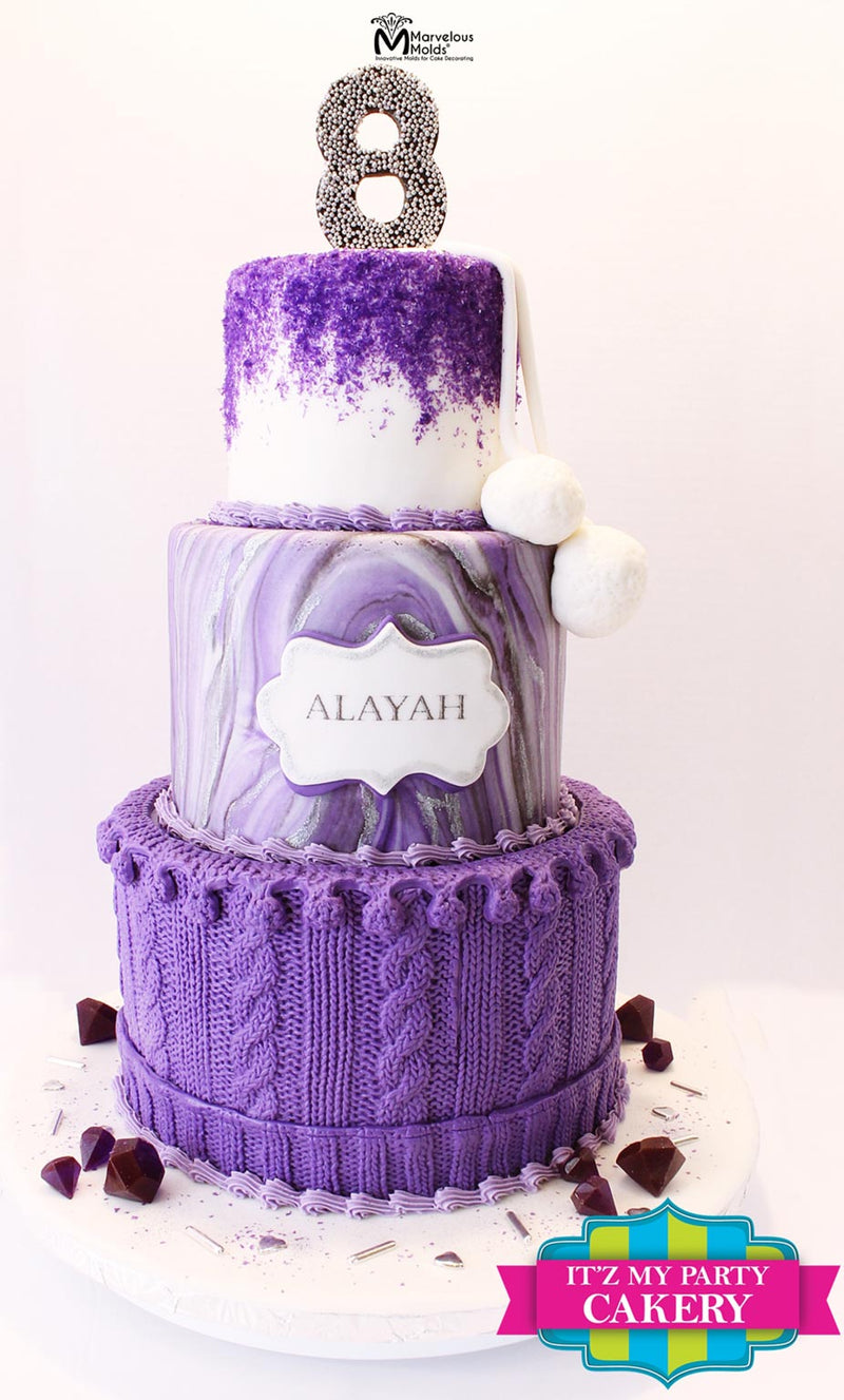 Purple Knit Birthday Cake Decorated Using the Marvelous Molds Rib & Cable Knit Simpress Silicone Mold