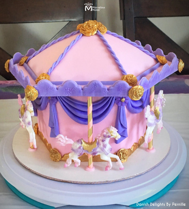 Carousel Birthday Cake Decorated Using the Marvelous Molds Draped Ruffle Drop Mold by Marvelous Molds