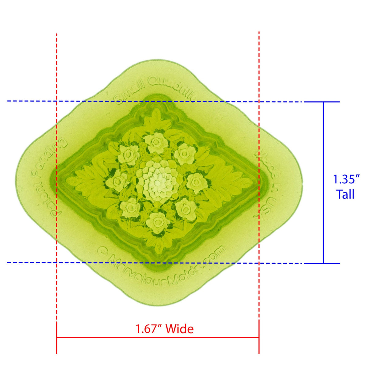 Small Quadrille Medallion Silicone Mold Cavity measures 1.67 inches Wide by 1.35 inches Tall, proudly Made in USA