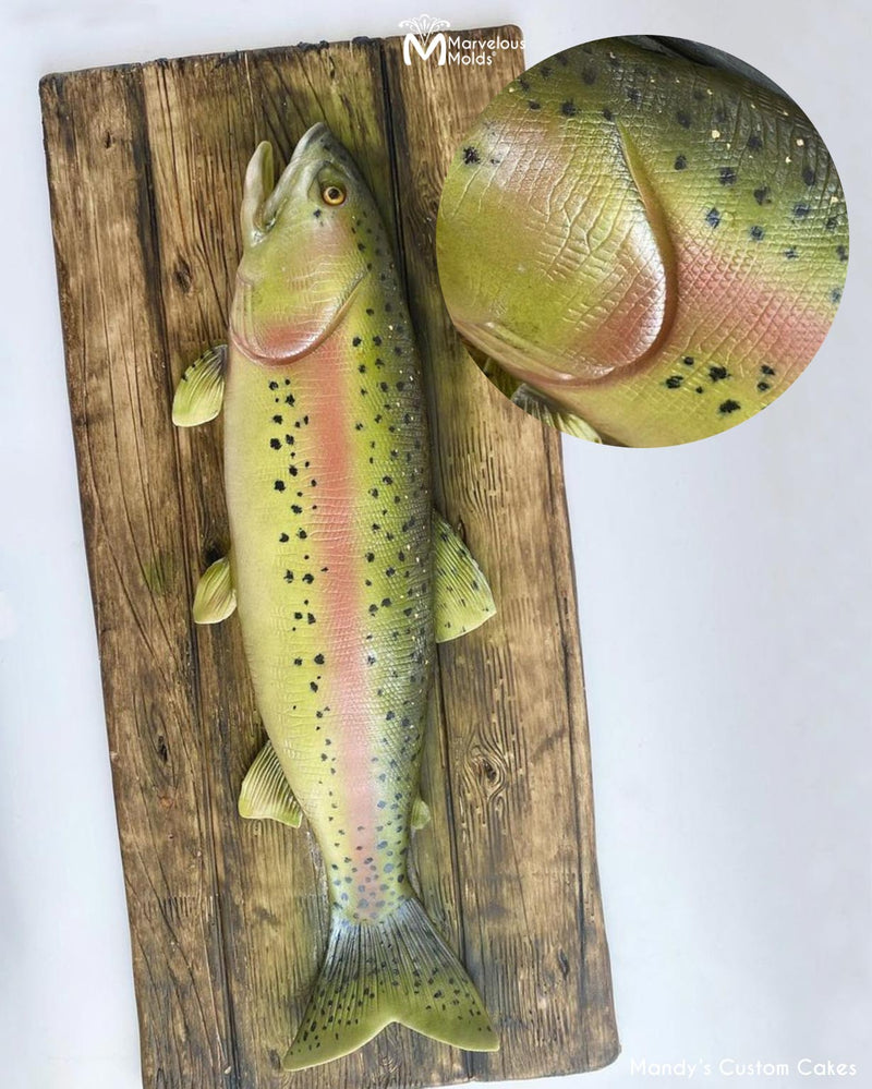 Edible Rainbow Trout Fish Cake Art with Scale Texture Created with the Marvelous Molds Lizard Impression Mat