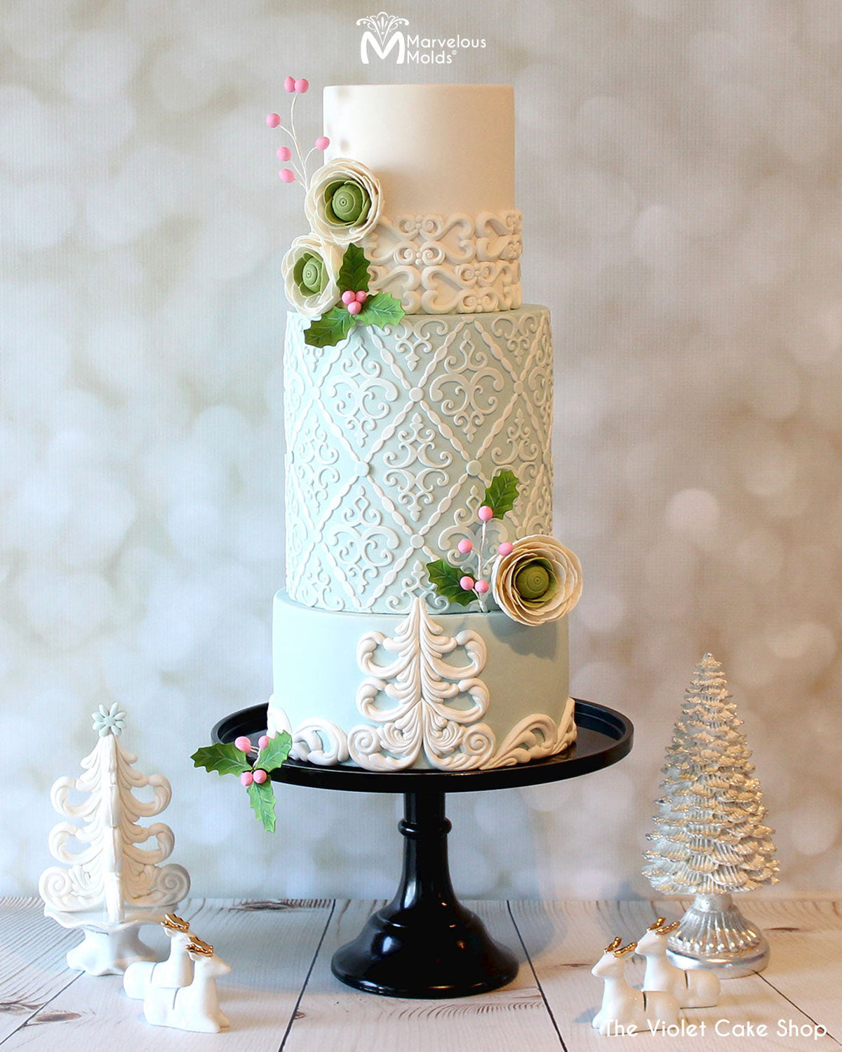 White Winter Wedding Cake Decorated using the Filigree Damask Pattern Silicone Stencil Onlay