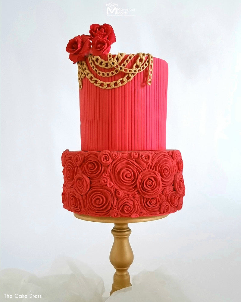 Red Rose Cake Decorated with Realistic Fashion Accents, Created Using the Marvelous Molds Large Chain PinchPro Silicone Mold for Cake Decorating