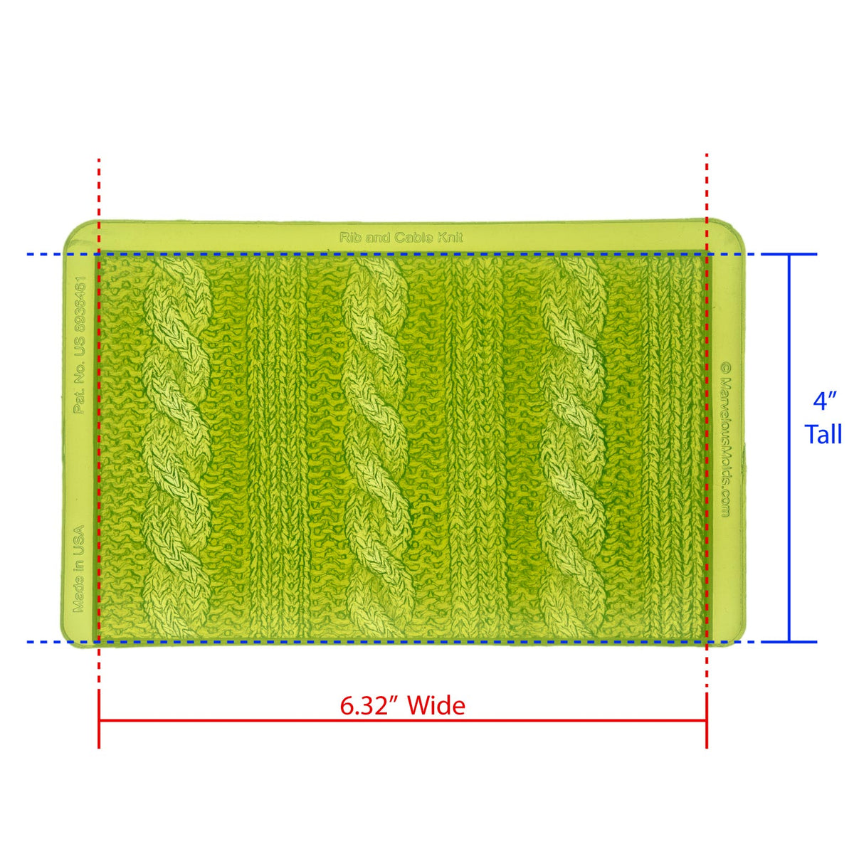 Rib and Cable Knit Silicone Simpress Mold Cavity measures 6.32 inches Wide by 4 inches Tall, Proudly Made in USA