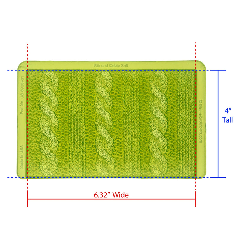 Rib and Cable Knit Silicone Simpress Mold Cavity measures 6.32 inches Wide by 4 inches Tall, Proudly Made in USA