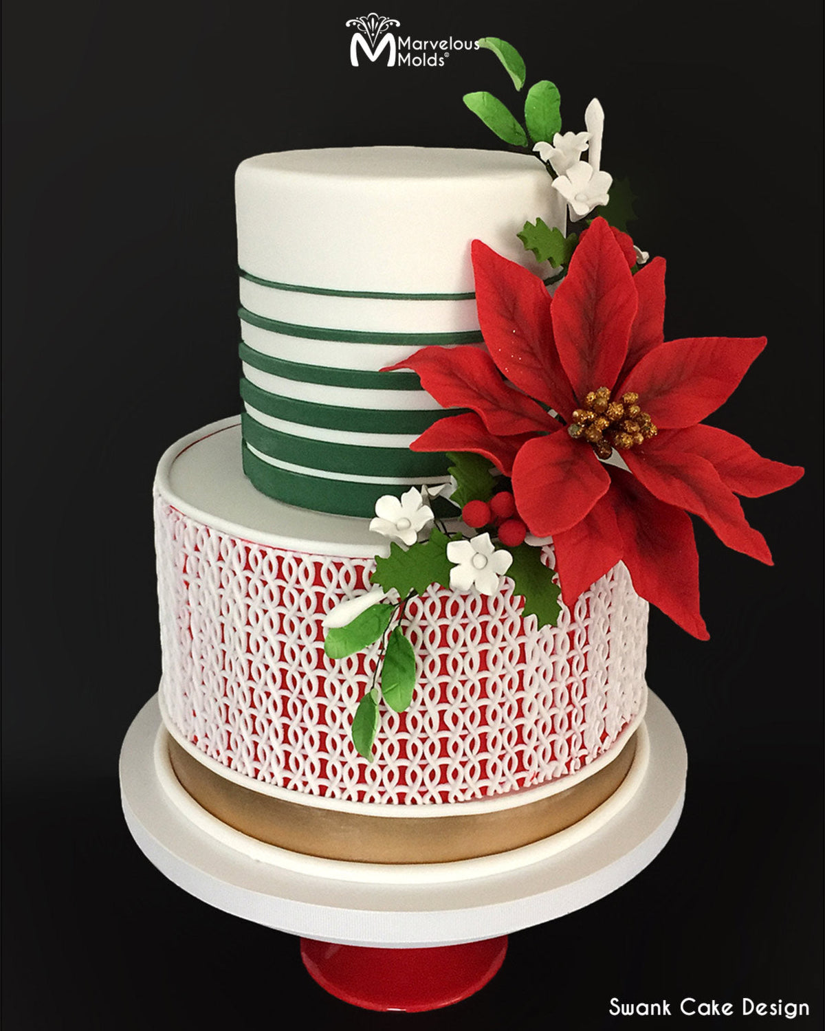 Christmas Cake with Poinsettia Cake Topper Decorated with Marvelous Molds Rise Silicone Onlay