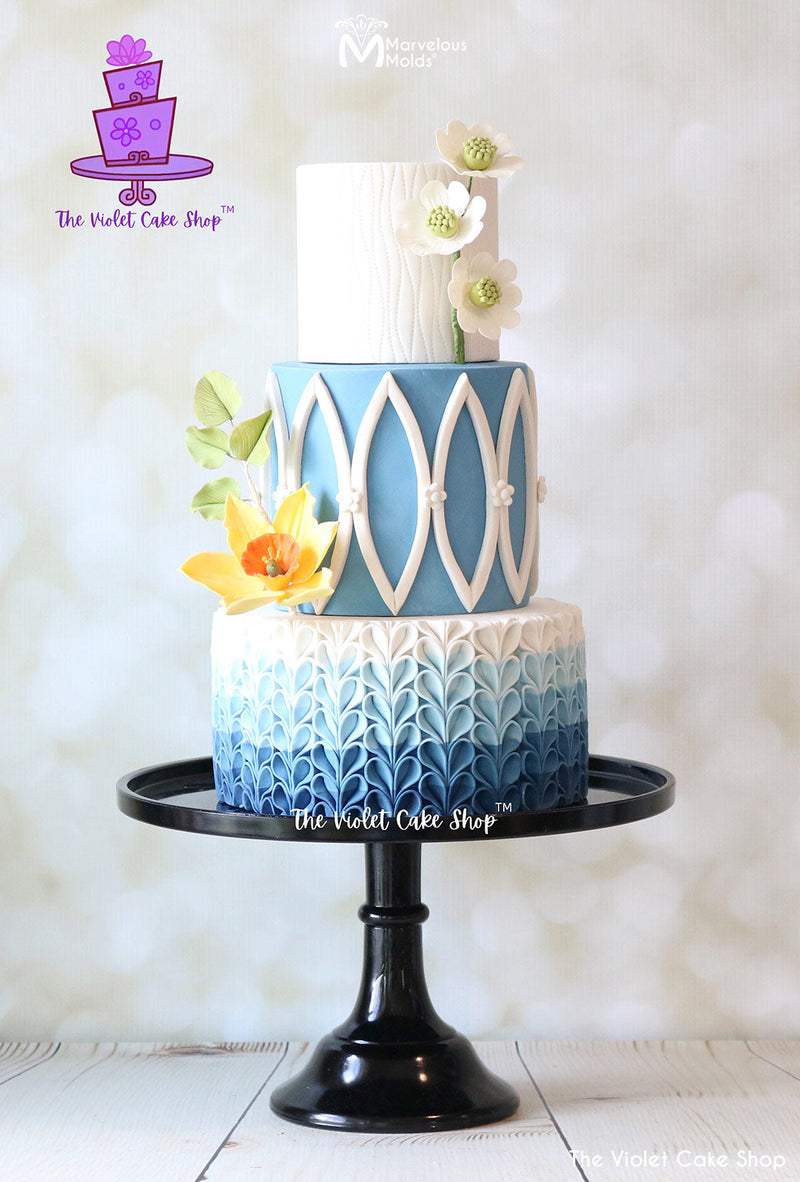 Light Blue Ruffle Cake Decorated with the V-Petal Ruffle Silicone Simpress Mold by Marvelous Molds