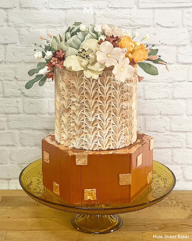 Fall Themed Wedding Cake Decorated Using the V-Petal Ruffle Silicone Simpress Mold by Marvelous Molds