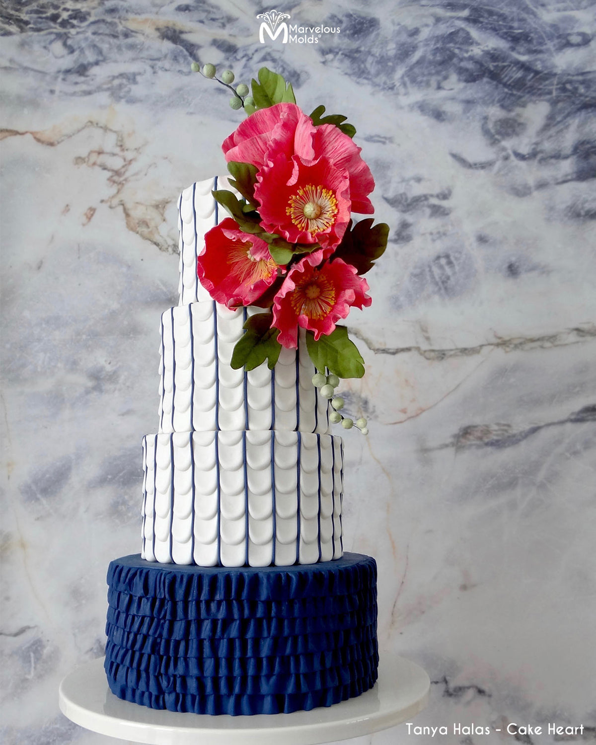 White and Navy Wedding Cake Decorated with Marvelous Molds Perfect Petal Pattern Simpress