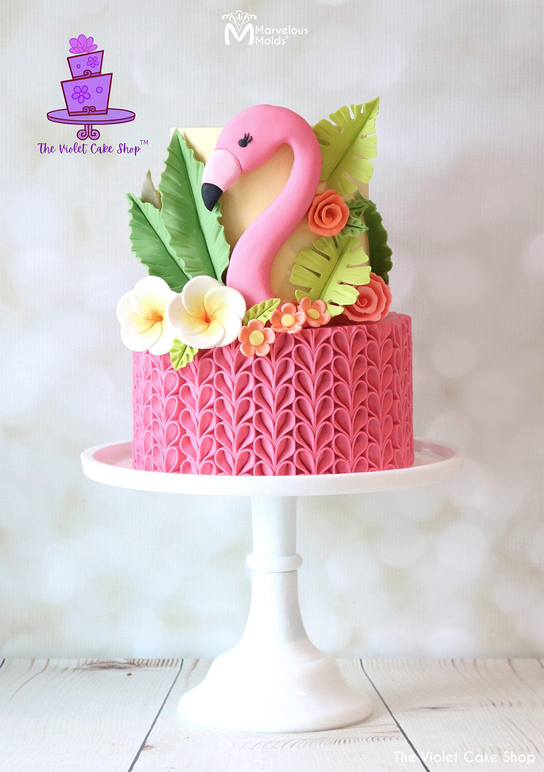 Pink Flamingo Summer Cake Decorated with the V-Petal Ruffle Simpress Silicone Mold by Marvelous Molds