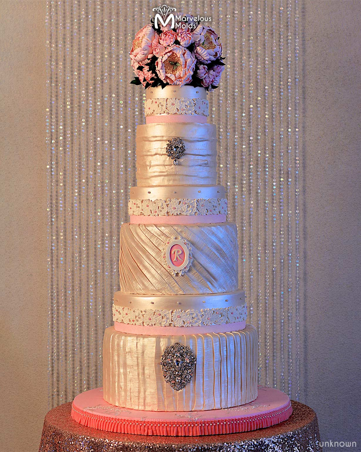 White Lace and Pleated Detail Wedding Cake Created with the Lauren Lace Silicone Mold