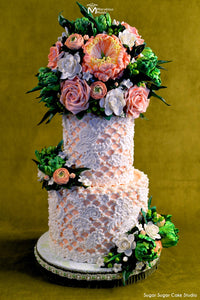 Lace Wedding Cake with a Floral Topper and Decorated with the Feather Crest Silicone Mold by Marvelous Molds