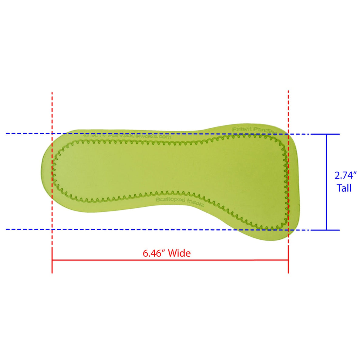 Scalloped Insole Silicone Onlay Cavity Measures 6.46 inches Wide by 2.74 inches Tall, proudly Made in USA