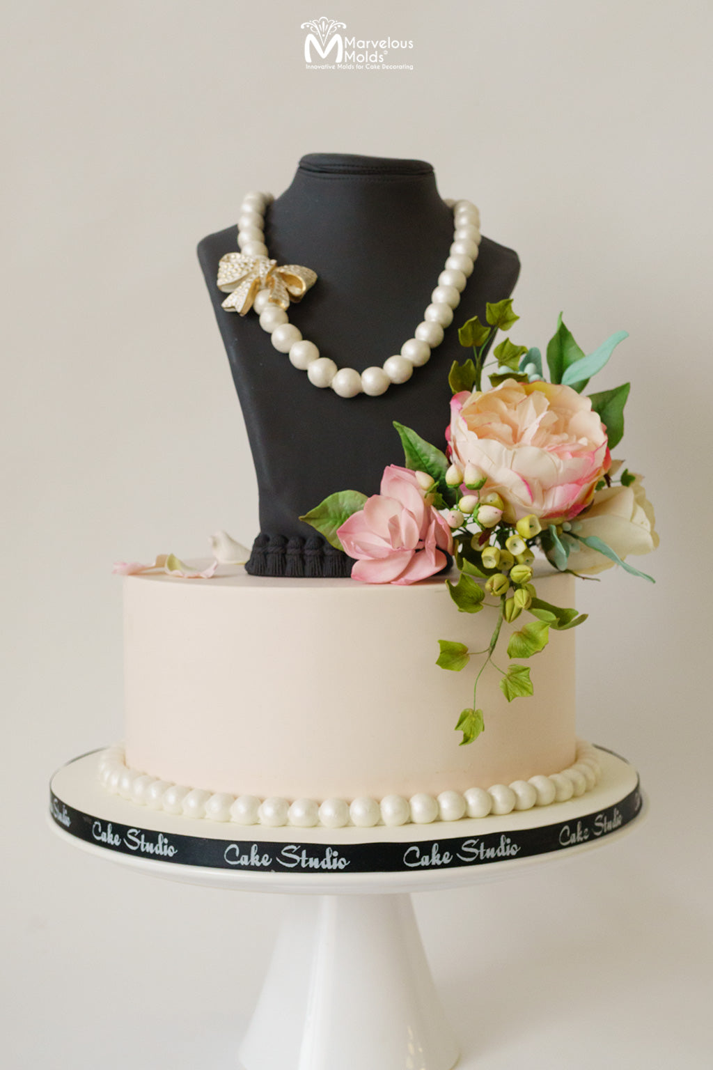 Fashionable, Edible Necklace Bust Display Sculpted with Cake and Decorated with Sugar Pearls, Created with the PinchPro Pearls 14mm Silicone Mold