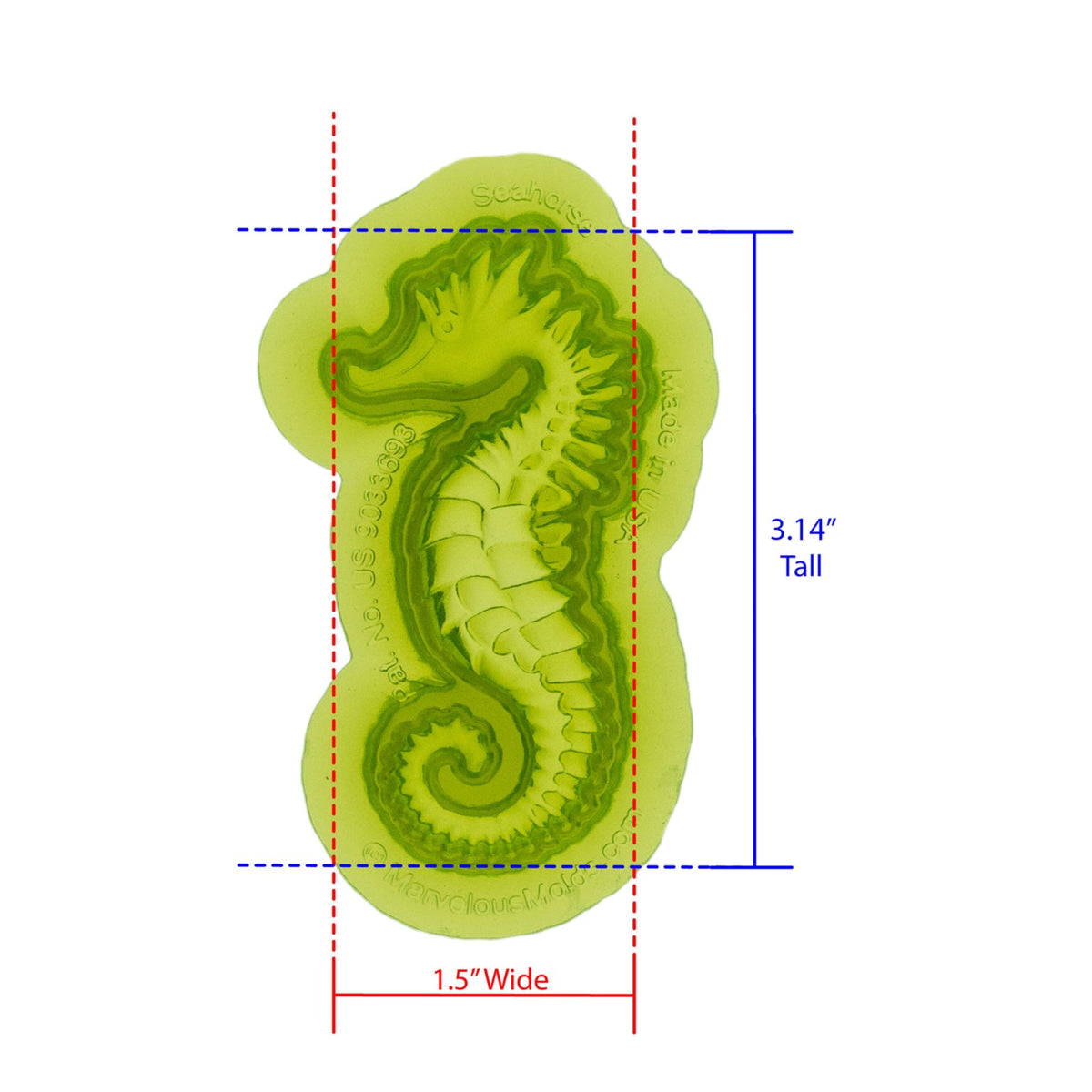 Seahorse Silicone Mold Cavity Measures 1.5 inches WIde by 3.14 inches Tall, proudly Made in USA