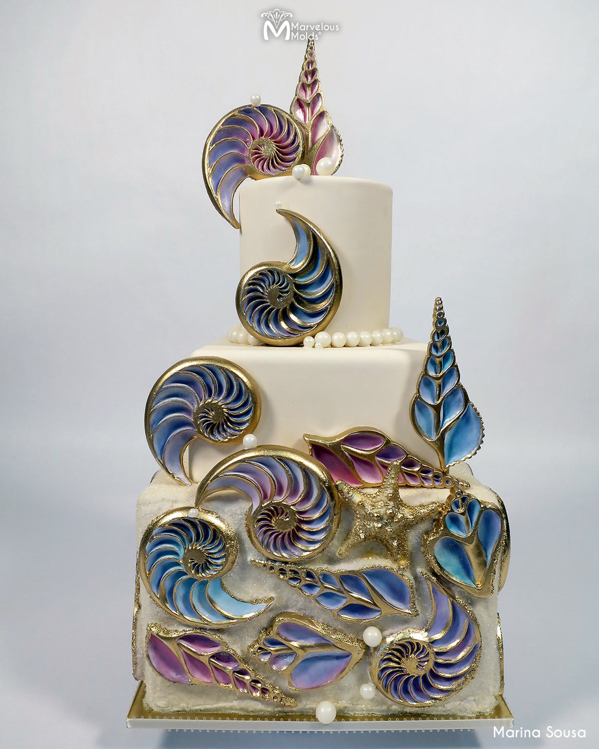 Colorful Seashell Wedding Cake Decorated using Marvelous Molds Cross-Cut Turret Shell Mold