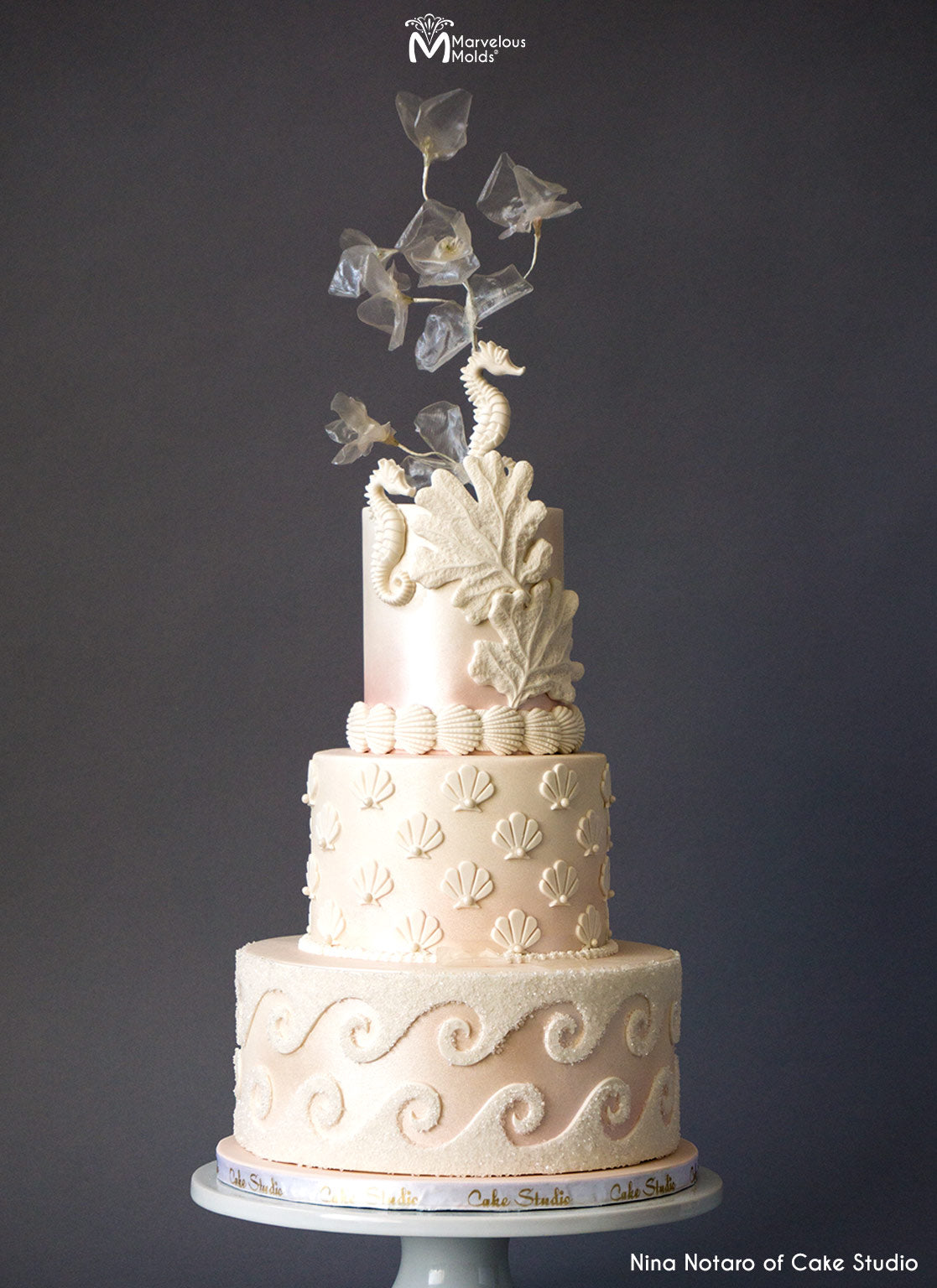 White Nautical Ocean Wedding Cake Decorated Using the Shell Pattern Silicone Onlay Cake Stencil Mold