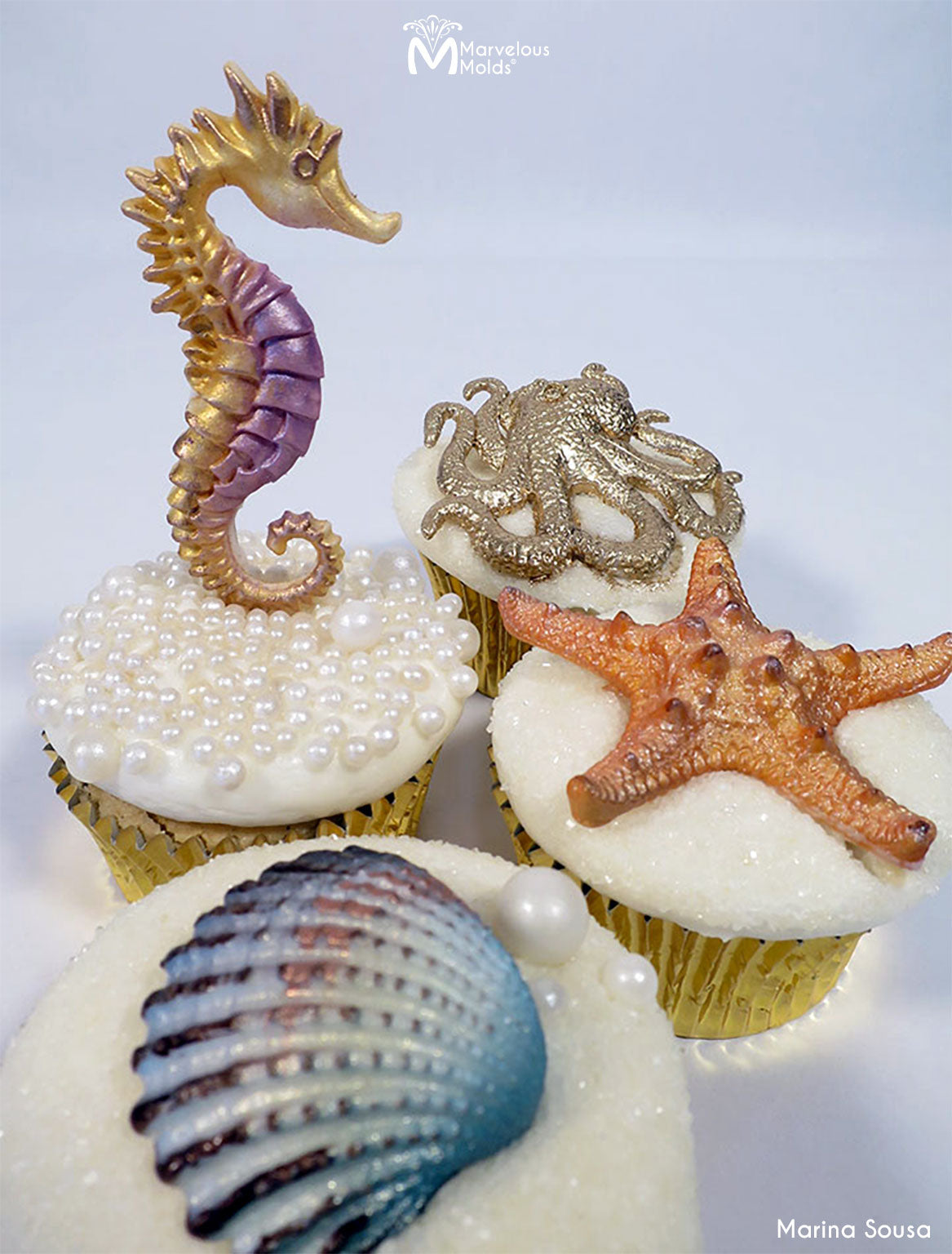 Nautical Ocean Themed Cupcake Desserts with Toppers Created Using the Seahorse Ocean Silicone Mold by Marvelous Molds