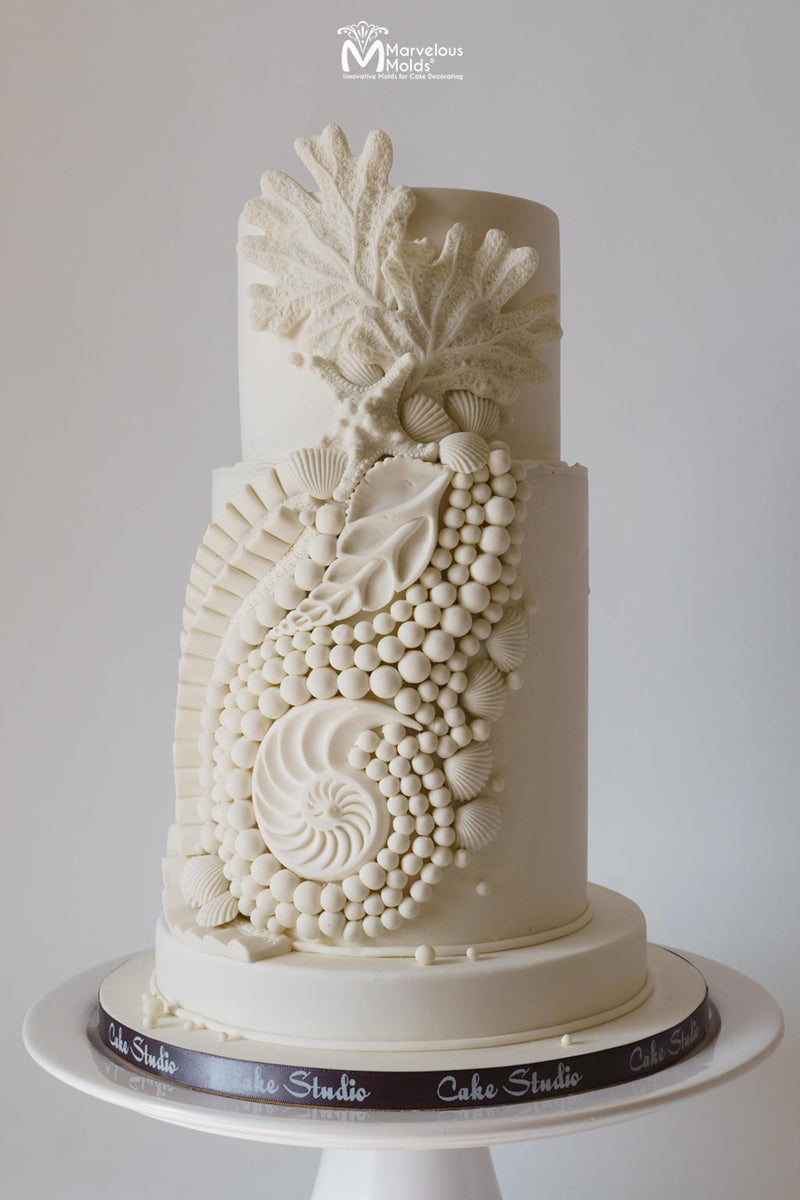 Seashell Beach Wedding Cake Decorated with Marvelous Molds PinchPro Pearls 10mm Silicone Molds for Cake Decorating