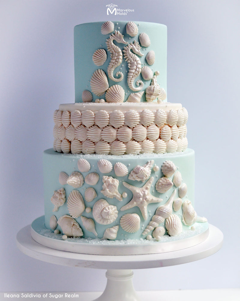 Seashell Beach Themed Wedding Cake Decorated Using the Marvelous Molds Lace Murex Shell Silicone Mold