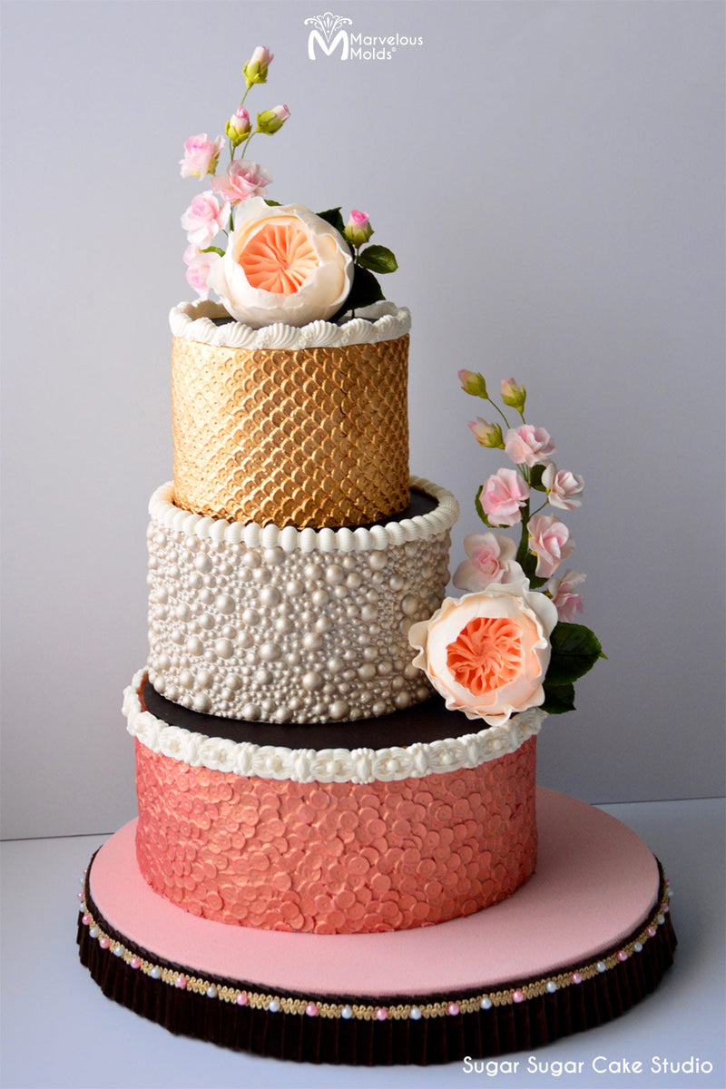 Gold, Rose Gold, and Silver Wedding Cake decorated with the Capri Border Mold by Marvelous Molds