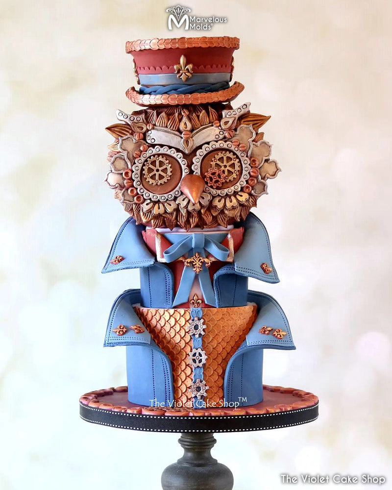 Steam Punk Owl Cake Decorated with Symmetrical Sequins Simpress by Marvelous Molds