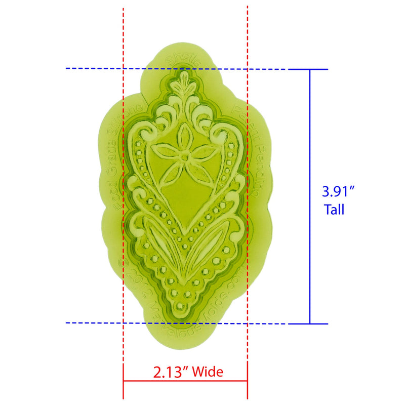 Sheila Lace Silicone Mold Cavity measures 2.13 inches Wide by 3.91 inches Tall, proudly Made in USA