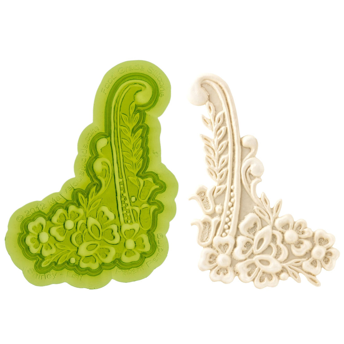 Casting and Product Image of Shirley Left Lace Silicone Mold, for Fondant Cake Decorating by Marvelous Molds
