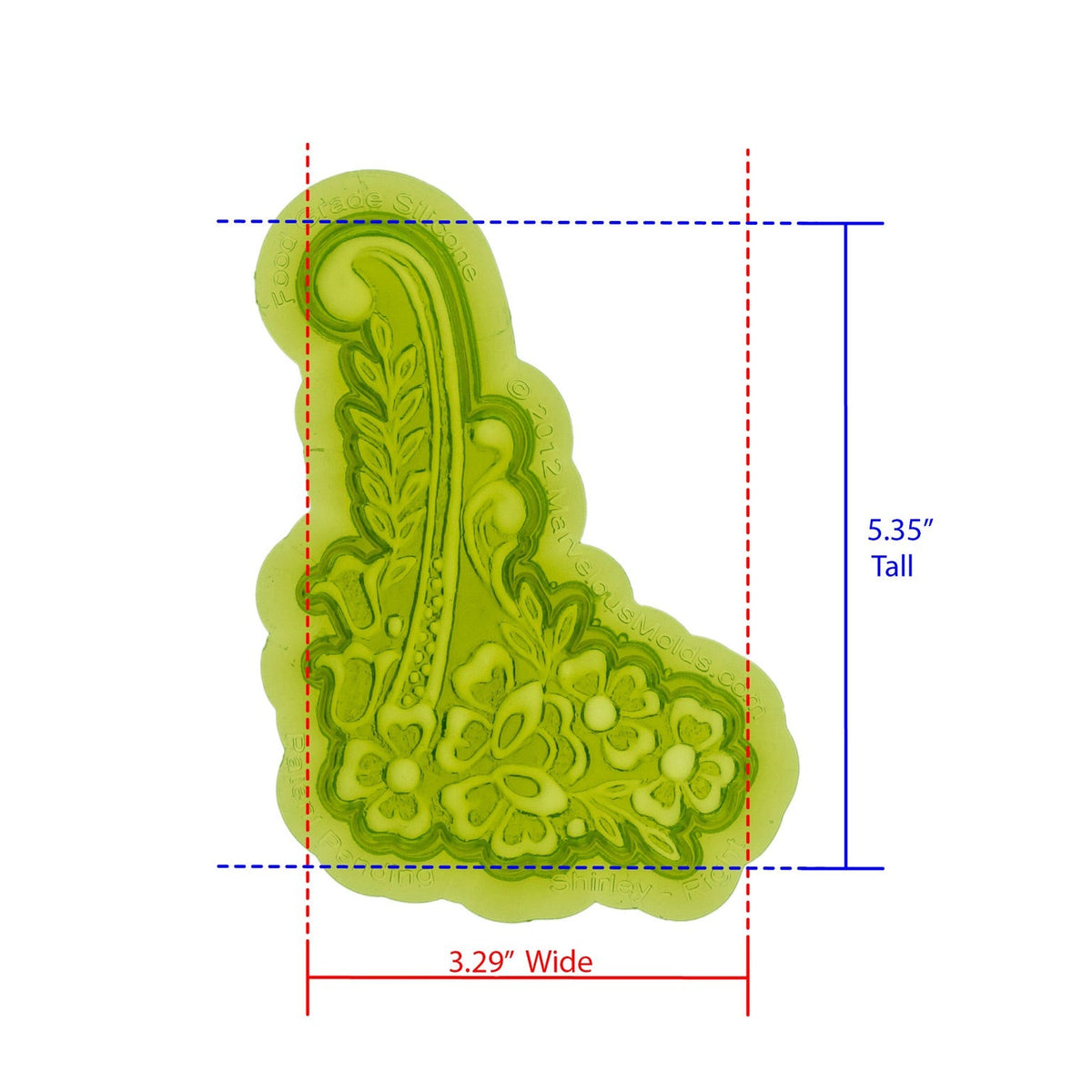 Shirley Right Lace Silicone Mold Cavity measures 3.29 inches Wide by 5.35 inches Tall, proudly Made in USA