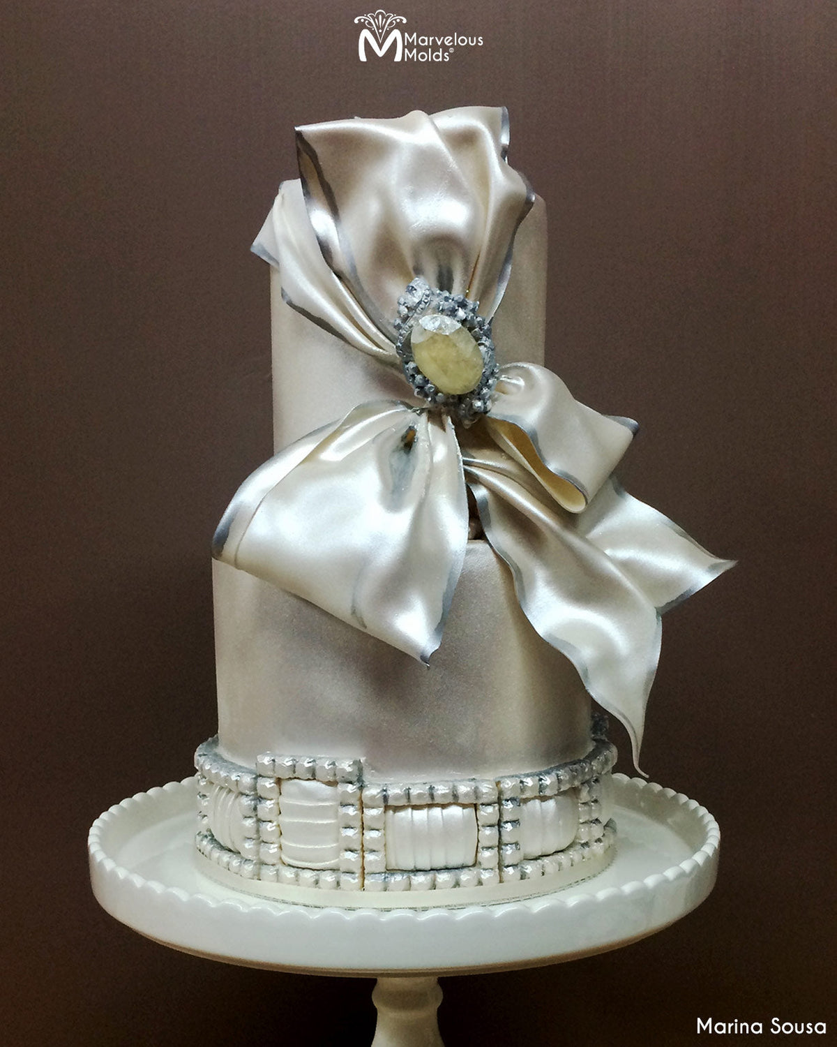 Vintage Bow Wedding Cake Decorated with the Imperial Brooch Silicone Mold by Marvelous Molds