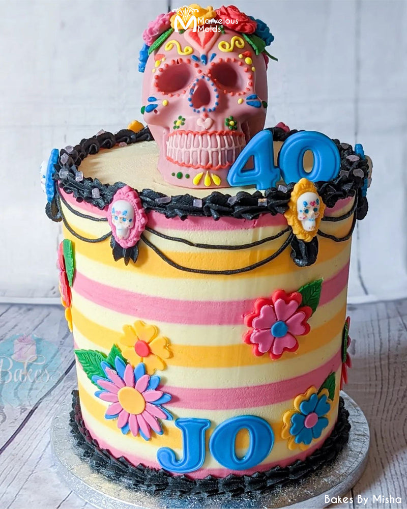 Sugar Skull Calavera Birthday Cake Decorated Using the Skull Cameo Silicone Mold by Marvelous Molds