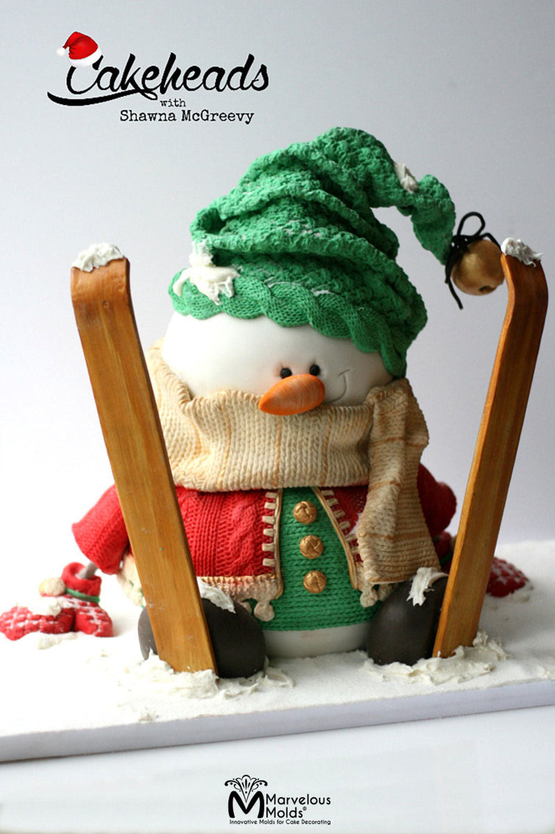 Snowman Cake with Edible Knit Scarf and Hat, Created Using the Marvelous Molds Rib & Cable Knit Simpress Silicone Mold