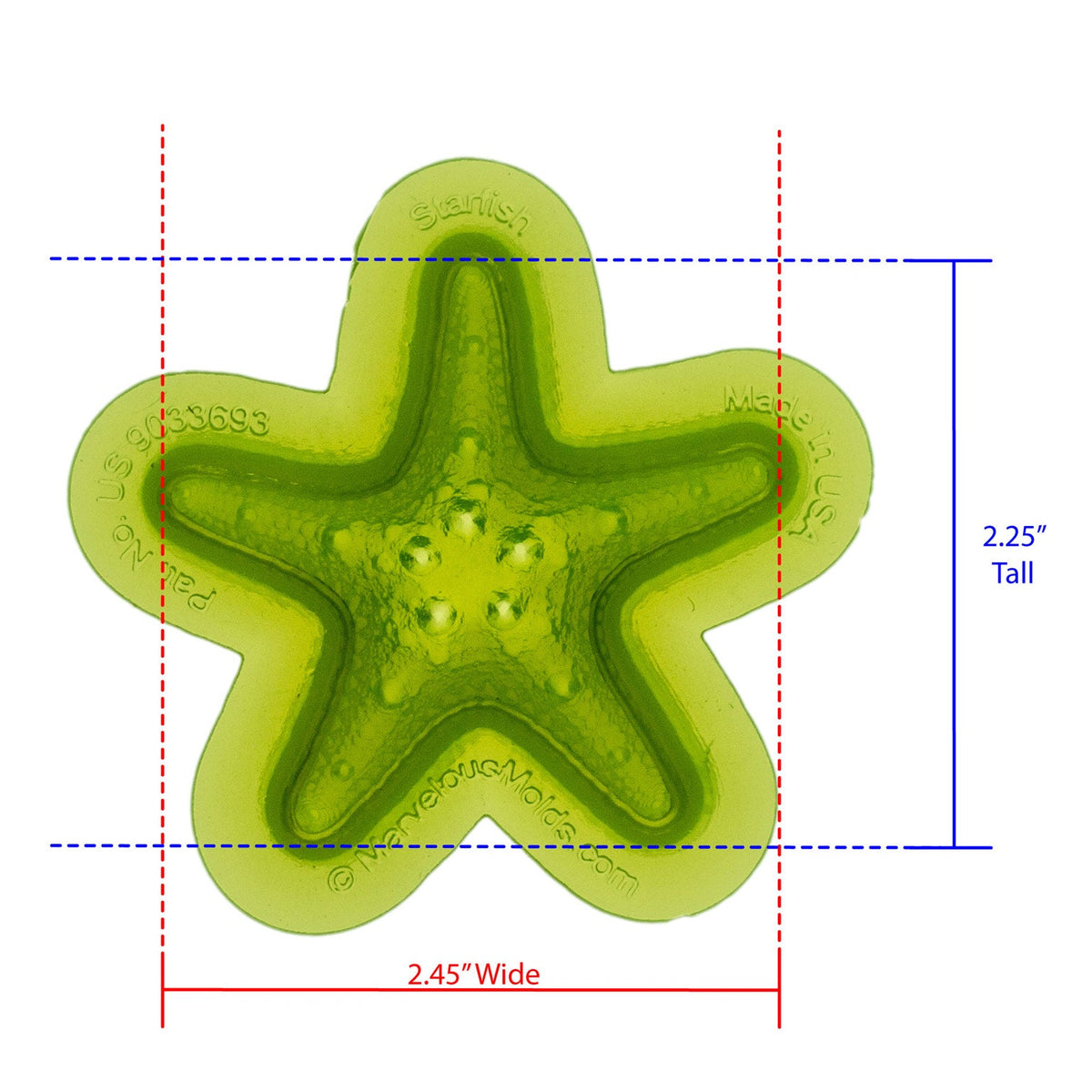 Starfish Silicone Mold Cavity Measurs 2.45 inches Wide by 2.25 inches Tall, proudly Made in USA