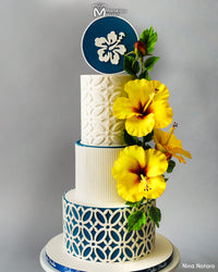 Hawaiian State Tropical Flower Hibiscus Wedding Cake with Elegant Patterns Decorated with with the Marvelous Molds Garden Gate Silicone Onlay Cake Stencil 