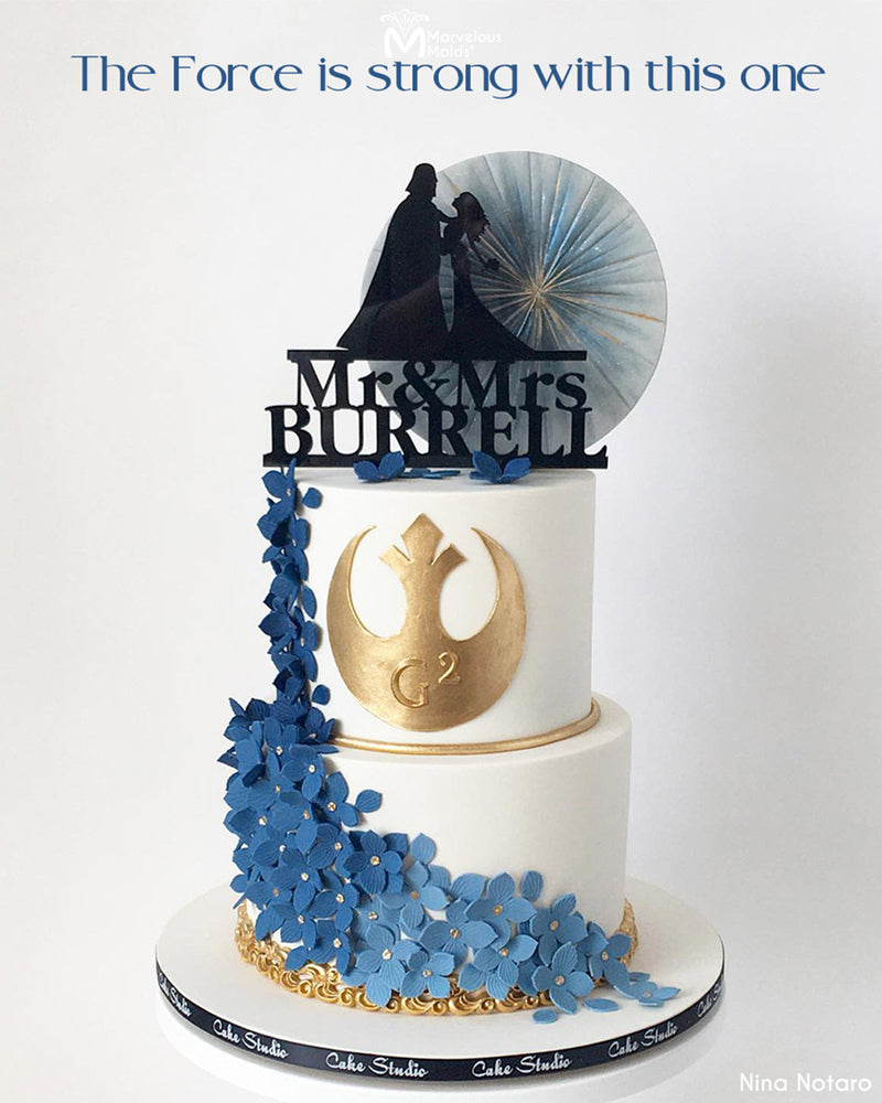 Star Wars Themed Wedding Cake Decorated with Blue Hydrangeas, Created using the Marvelous Molds Medium Hydrangea Petalear