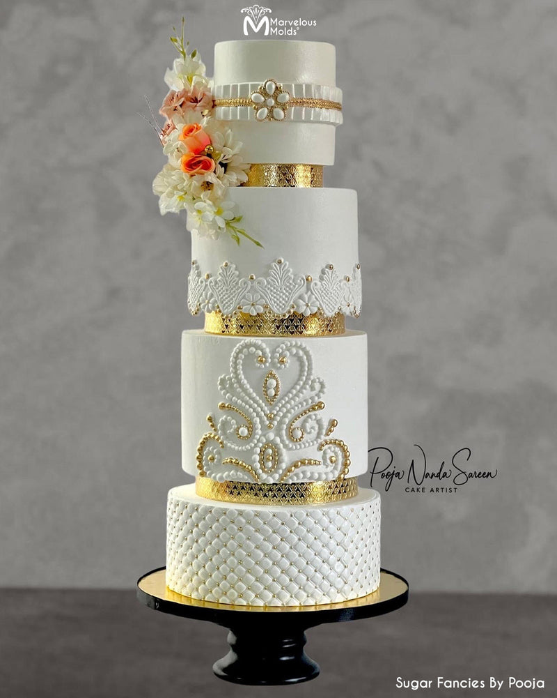 White Wedding Cake with Gold and Lace Detail Decorated Using the Marvelous Molds Gloria Lace Food Safe Silicone Mold by Marvelous Molds