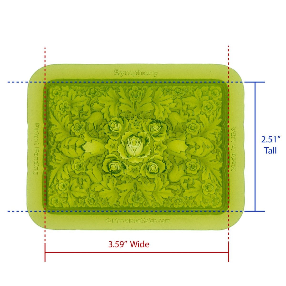 Symphony Floral Silicone Mold Cavity measures 3.59 inches Wide by 2.51 inches Tall, proudly Made in USA