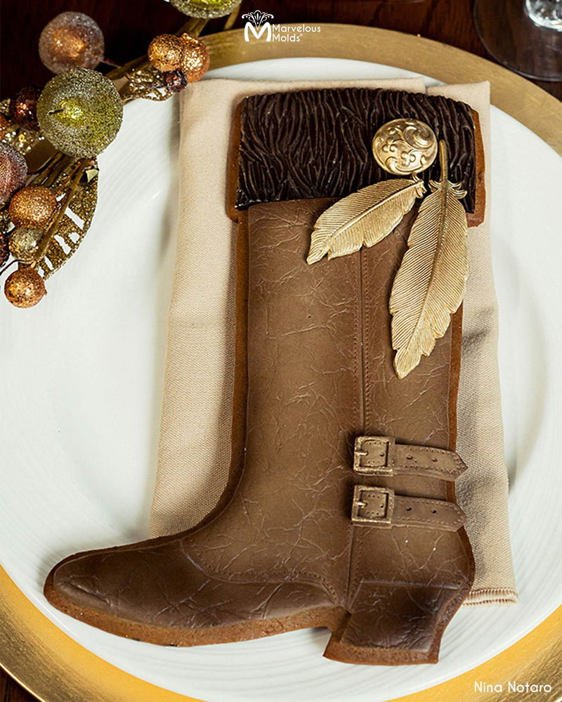 Leather Cowboy Boot Decorated with the Small Feather 2 Part Silicone Mold by Marvelous Molds