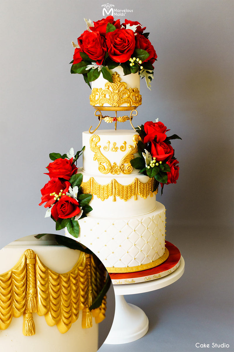 White and Gold Wedding Cake Decorated Using the Marvelous Molds Grand Tassel Drop Silicone Mold for Cake Decorating
