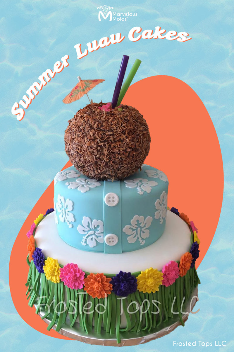 Summer Luau Party Cake Decorated Using the Marvelous Molds Hibiscus Medallion Silicone Onlay Cake Stencil