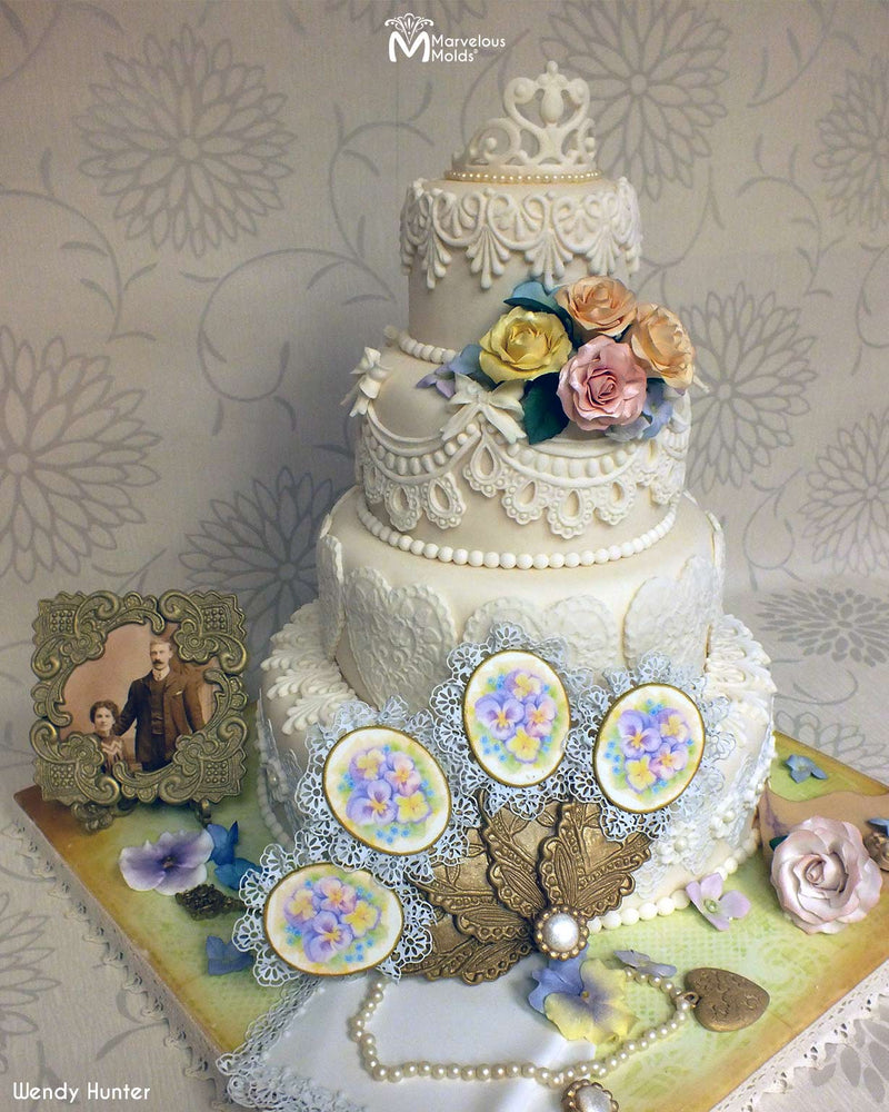 Vintage Flapper Wedding Cake Decorated with Fondant Lace Swags, Created Using the Mandy Lace Silicone Mold by Marvelous Molds