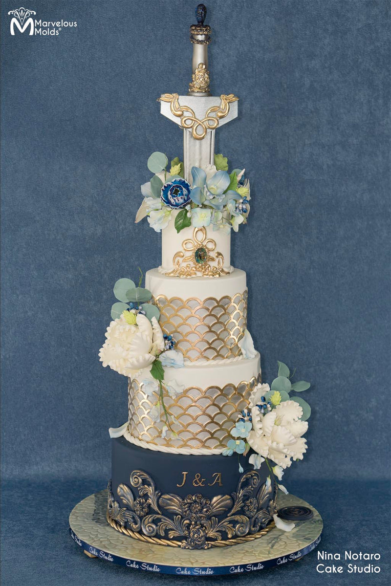 Wedding Cake decorated using the Scroll Ensemble Silicone Mold by Marvelous Molds