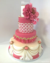 Pink and White Birthday Cake Decorated Using the Marvelous Molds Imperial Brooch Silicone Mold