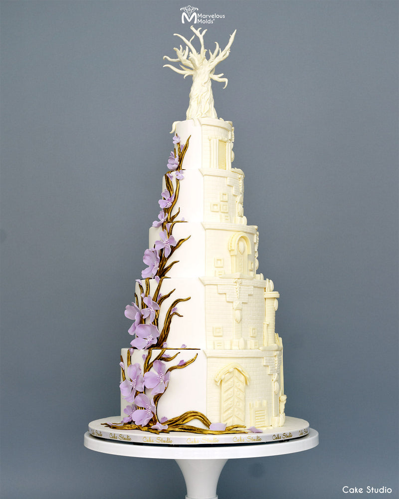 Tree of Life White Wedding Cake using the Bricks Silicone Onlay for a Brick Pattern, by Marvelous Molds
