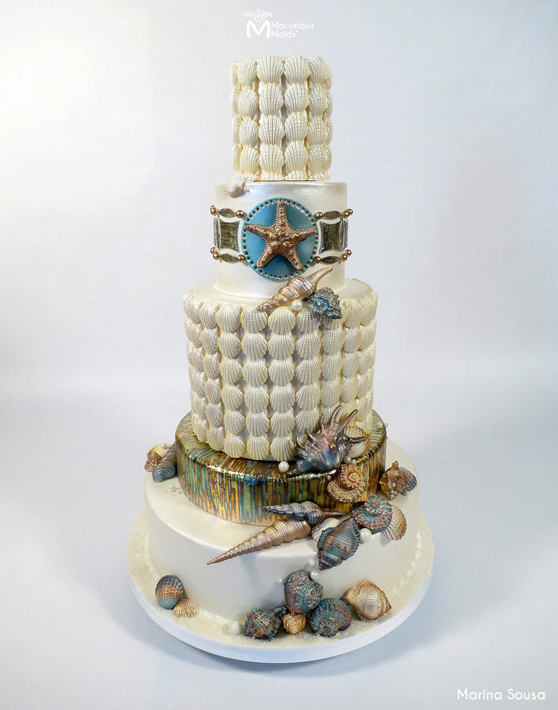Pearlescent Seashell Ocean Wedding Cake Decorated Using the Seashell Border Silicone Mold by Marvelous Molds