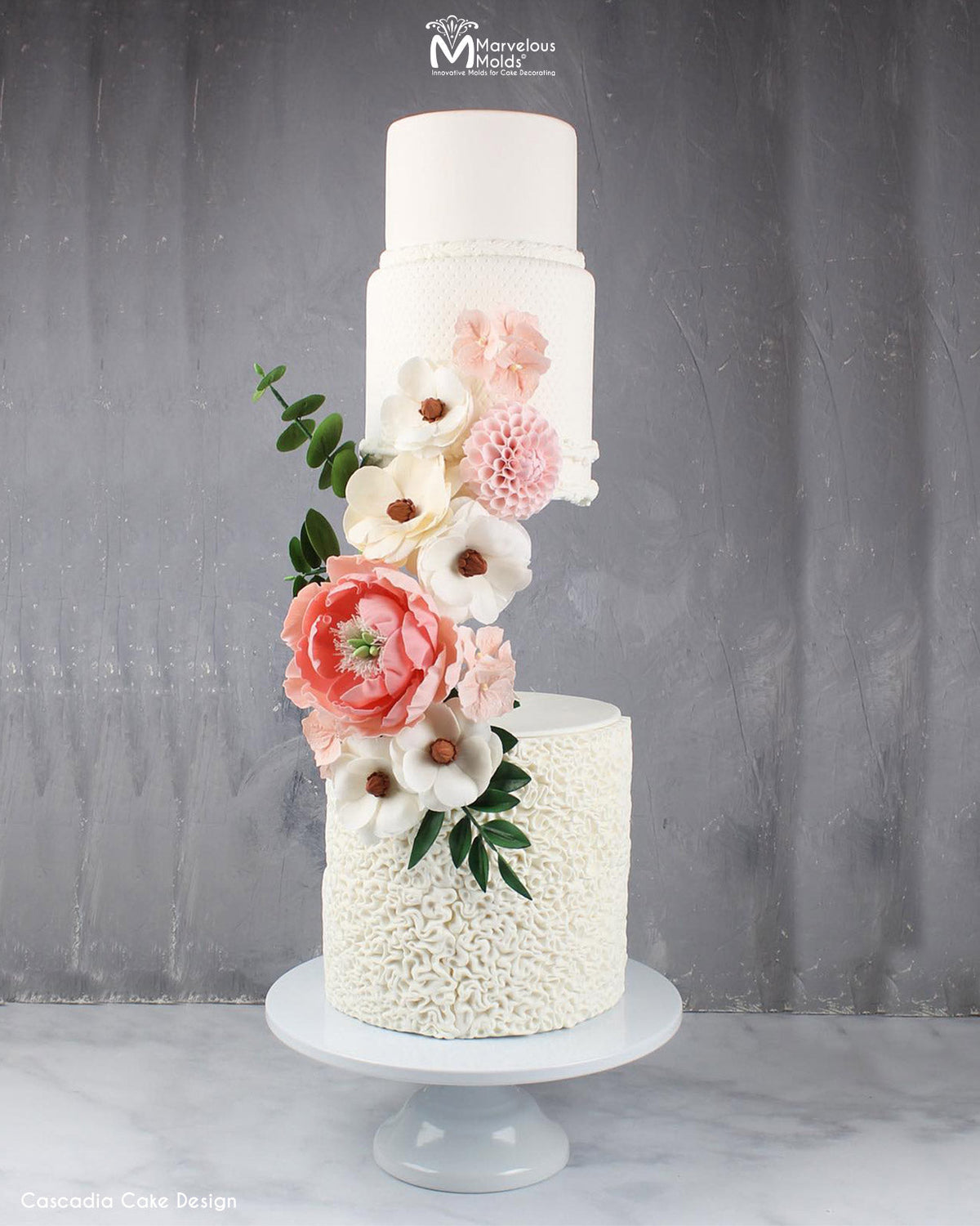 White Floral Wedding Cake Decorated with Scrunch Ruffle Simpress Silicone Mold by Marvelous Molds