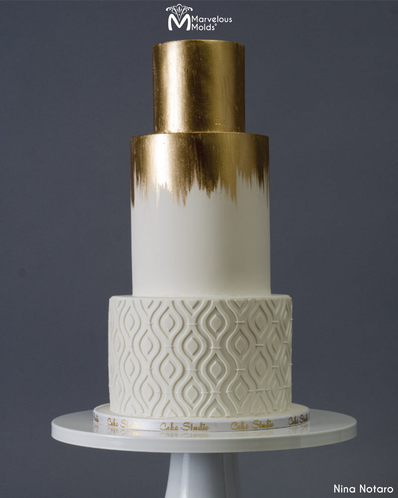 Gold and White Wedding Cake Decorated Using the Marvelous Molds Ikat Lattice Pattern Silicone Onlay Cake Stencil