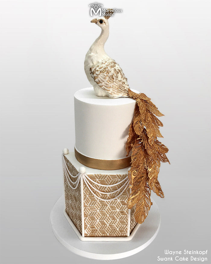 White Peacock Wedding Cake Decorated with the Marvelous Molds Geometric Illusion Pattern Simpress Silicone Cake Mold