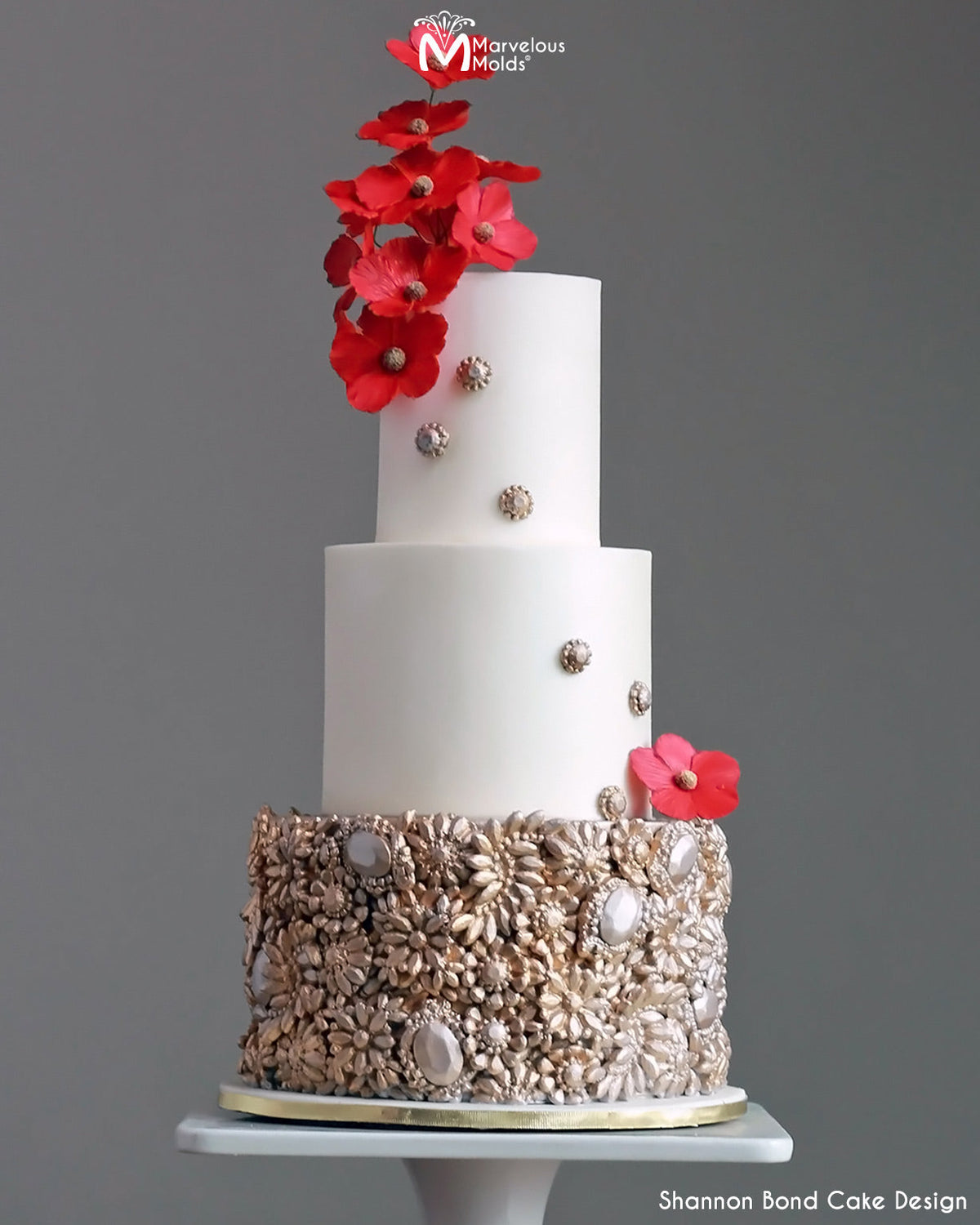 Baroque, Jeweled Wedding Cake Decorated Using the Marvelous Molds Imperial Brooch Silicone Mold