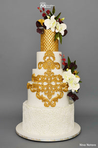 White and Golden Lace Wedding Cake Decorated Using the Viola Lace Silicone Mold by Marvelous Molds