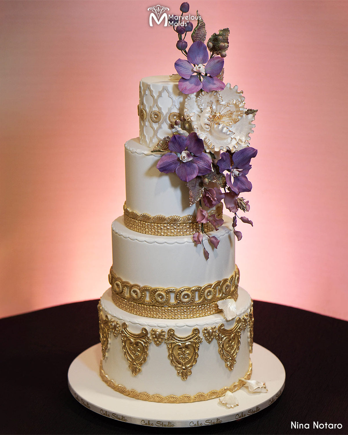 White and Gold Wedding Cake with Purple Sugar Flowers Decorated with Marvelous Molds Peggy Lace Silicone Mold